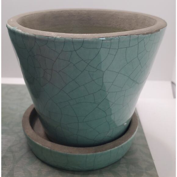 Crate & Barrel Set Of 3 Planter Pots Celedon Crackle Glaze 4" Tall 3" Saucers - Picture 3 of 8